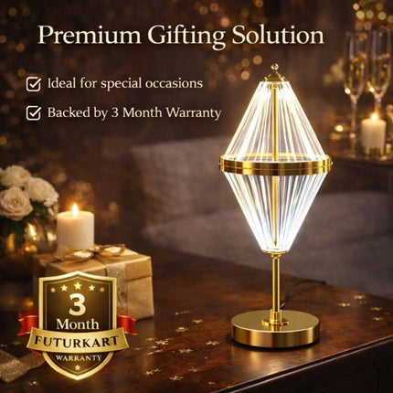 Gold acrylic LED table lamp for bedroom and bedside lighting.