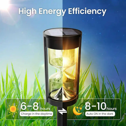 High-efficiency solar hourglass path light for outdoor garden and pathway lighting.