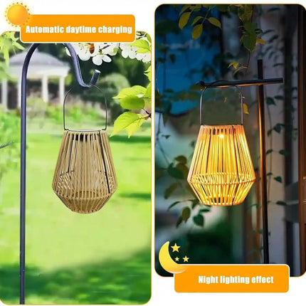 IP65 solar rattan hanging lamp for outdoor use.