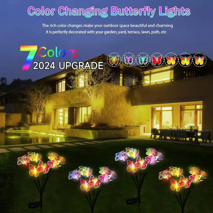 Multicolor solar butterfly light for garden decoration.