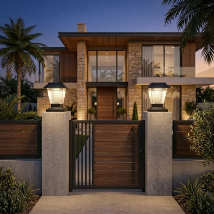 Outdoor solar gate light with IP65 waterproof protection for all-weather use.