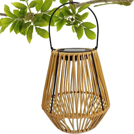 Outdoor solar rattan lamp hanging from a tree