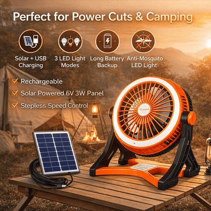 Portable Rechargeable Solar Fan with LED Light | USB Charging | Long Battery Backup – Buy Online at FUTURKART