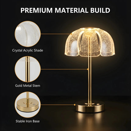 Premium gold and clear acrylic rechargeable lamp close-up view