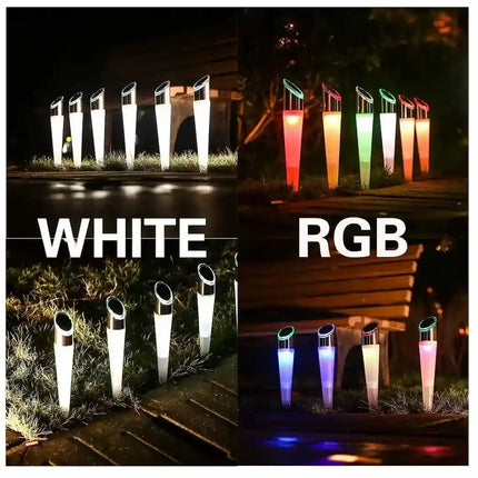 RGB solar disk light with ground spike for easy installation.