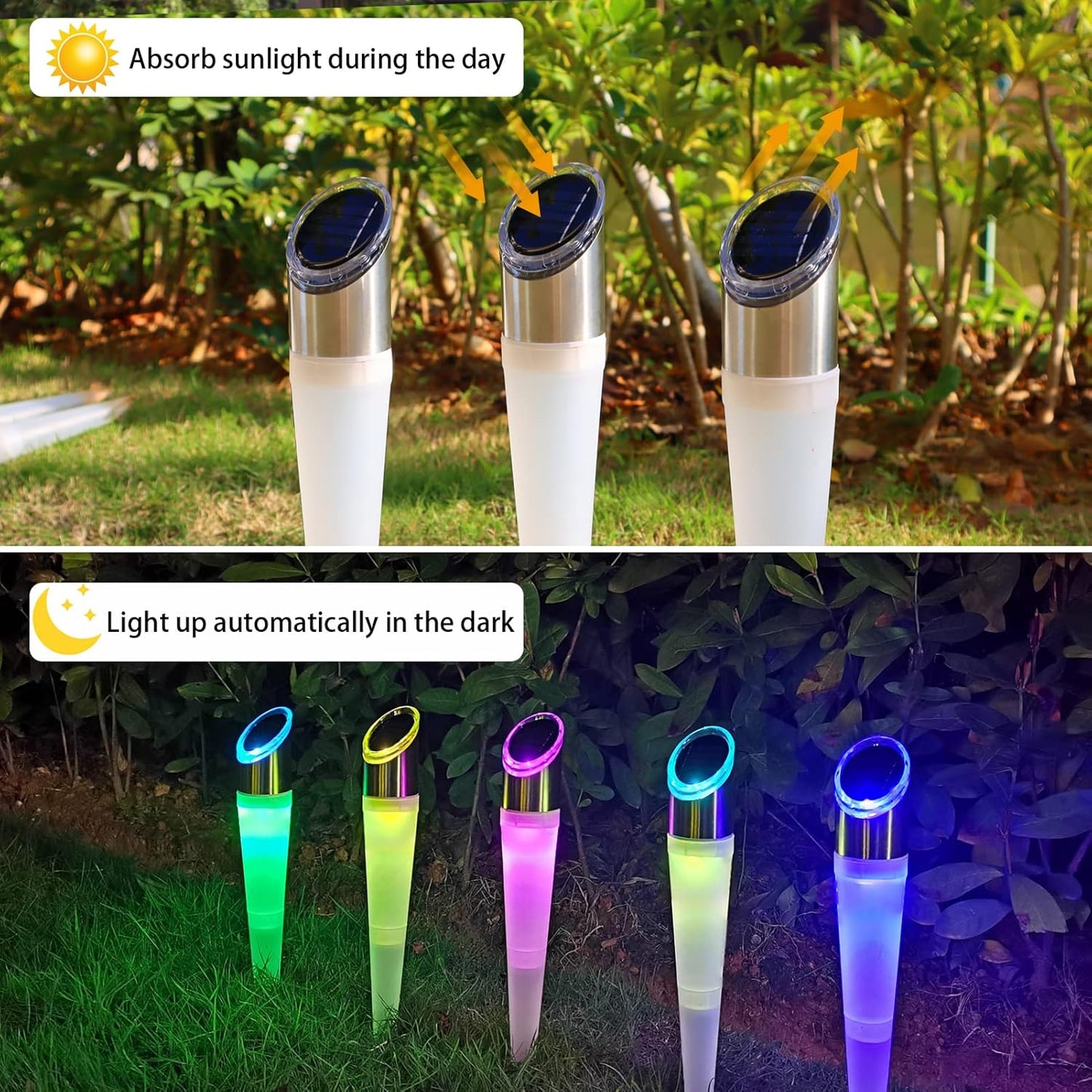 Solar-powered LED lights absorbing sunlight during the day and glowing in the dark.