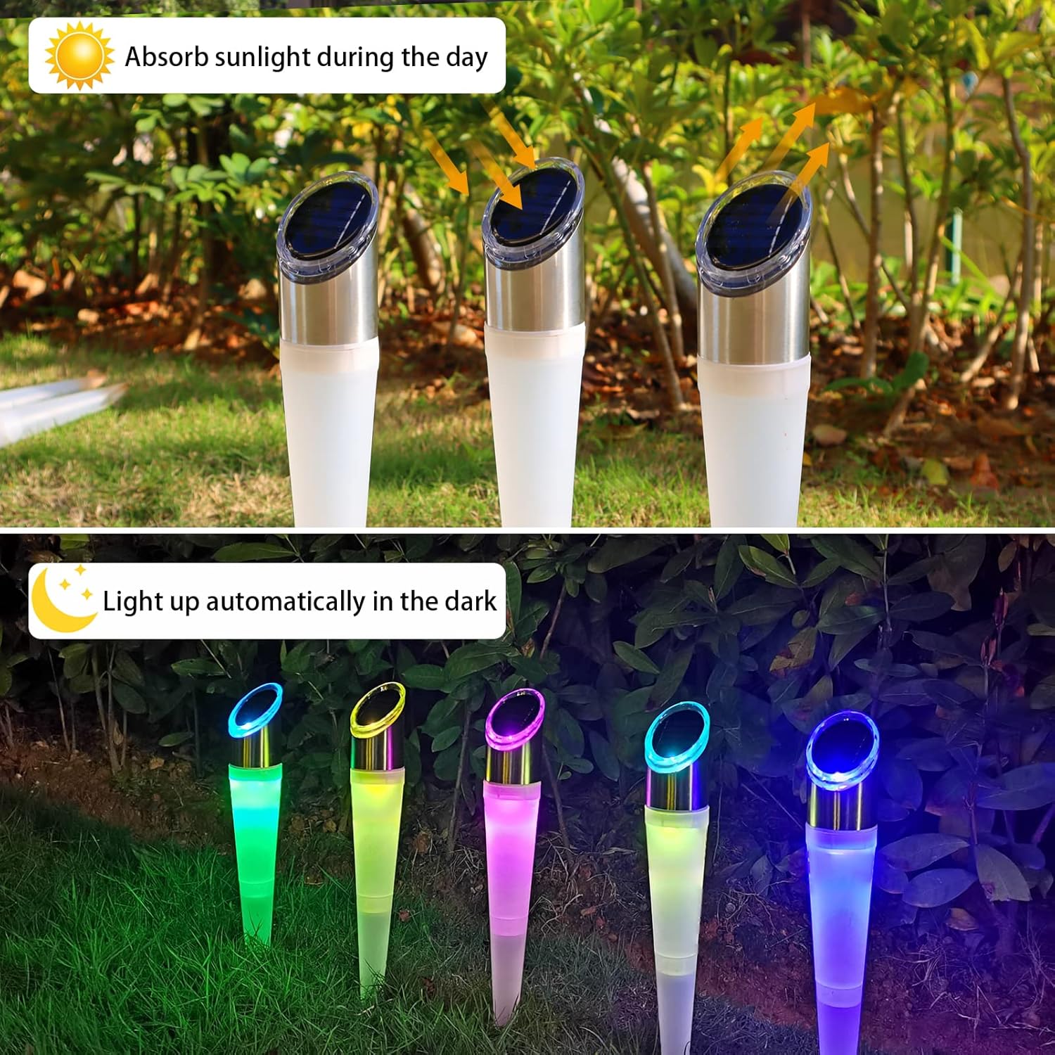 Solar-powered LED lights absorbing sunlight during the day and glowing in the dark.