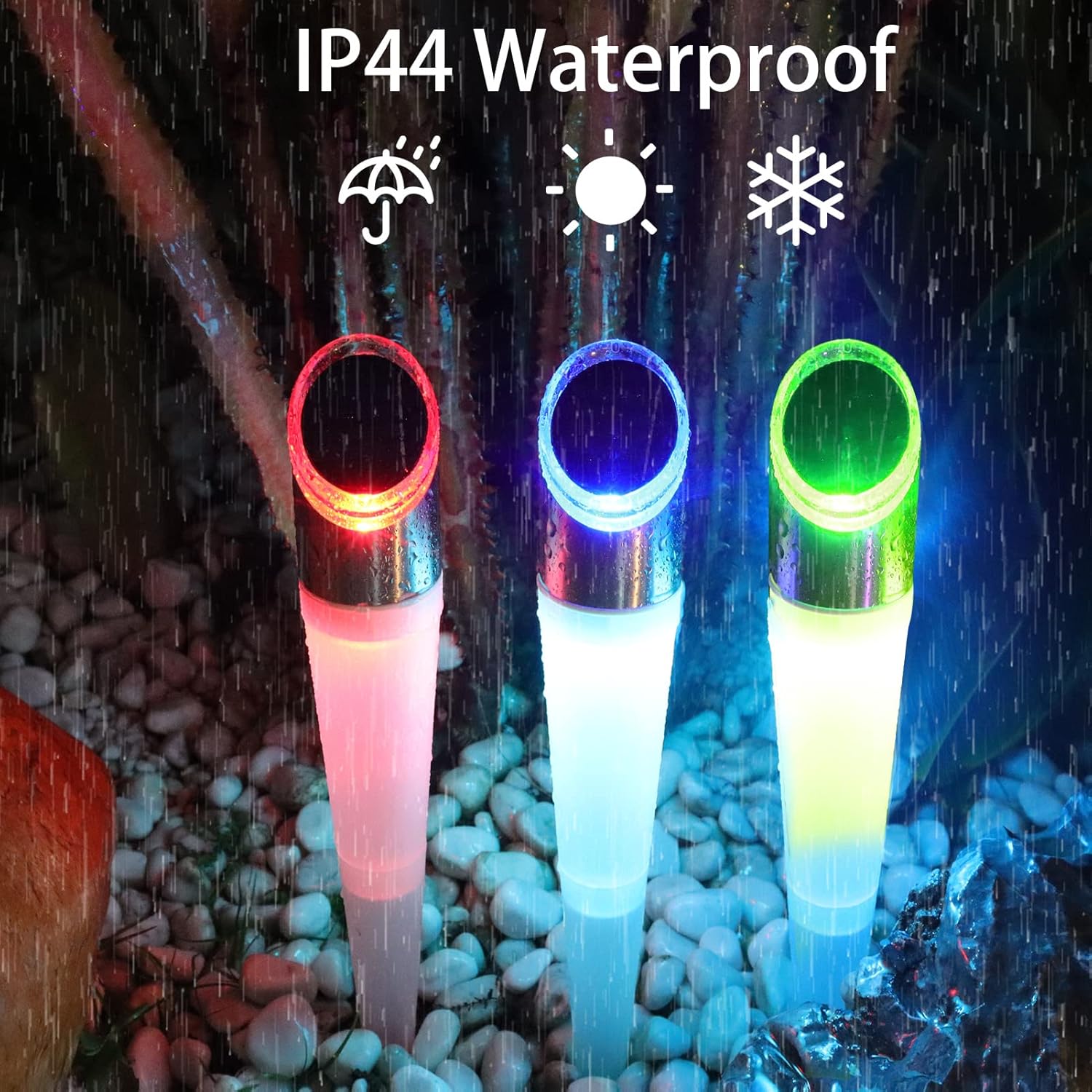 Three LED lights in red, blue, and green on pebbles with 'IP44 Waterproof' text above.