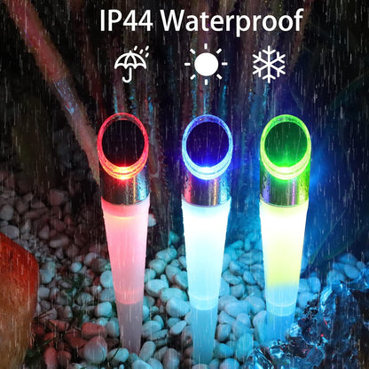 Three LED lights in red, blue, and green on pebbles with 'IP44 Waterproof' text above.