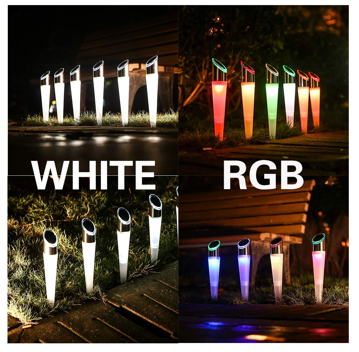 Collage of outdoor lights showing white and RGB options.