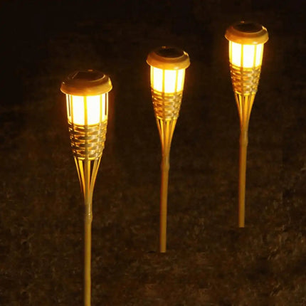 Solar bamboo flame light for outdoor garden and patio.