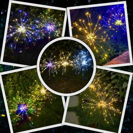 Solar fireworks garden light glowing at night.