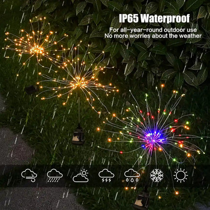120 LED solar fireworks light for nighttime garden lighting.