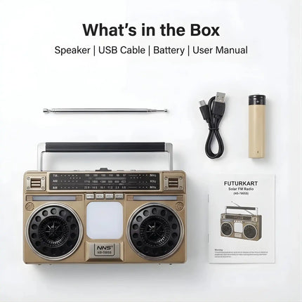 Solar FM radio product box packaging.