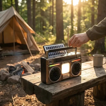 Solar FM radio with USB charging feature.
