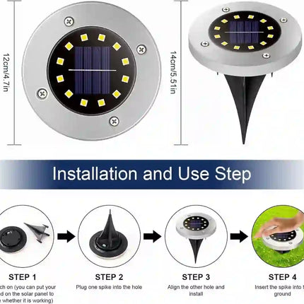 IP65 waterproof solar garden disk light for outdoor landscape lighting.
