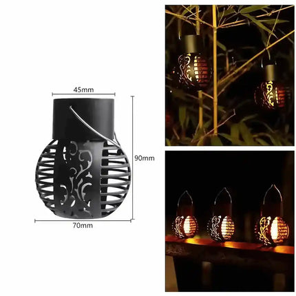 Solar hanging flame lantern for garden and pathway decoration.