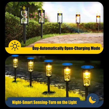 Solar hourglass garden light with automatic light sensor.