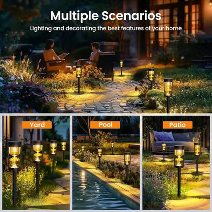 Solar hourglass pathway light for garden and outdoor walkways.