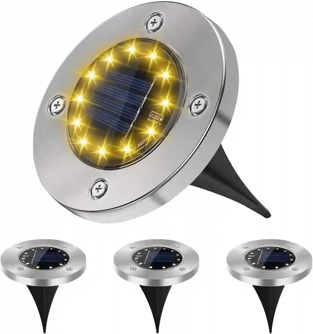 Solar in-ground disk light for outdoor garden and pathway lighting.