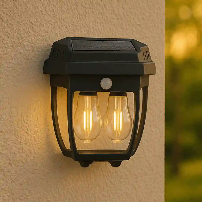 Solar induction wall lamp with warm tungsten light for outdoor use.