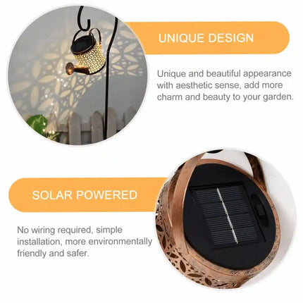 Solar kettle flame lantern with warm white outdoor light.