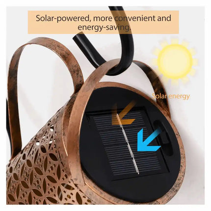 Hanging solar kettle light for patio and outdoor spaces.
