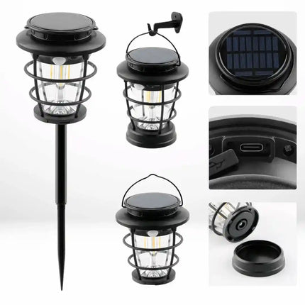 Solar lantern with radar motion sensor for outdoor lighting.