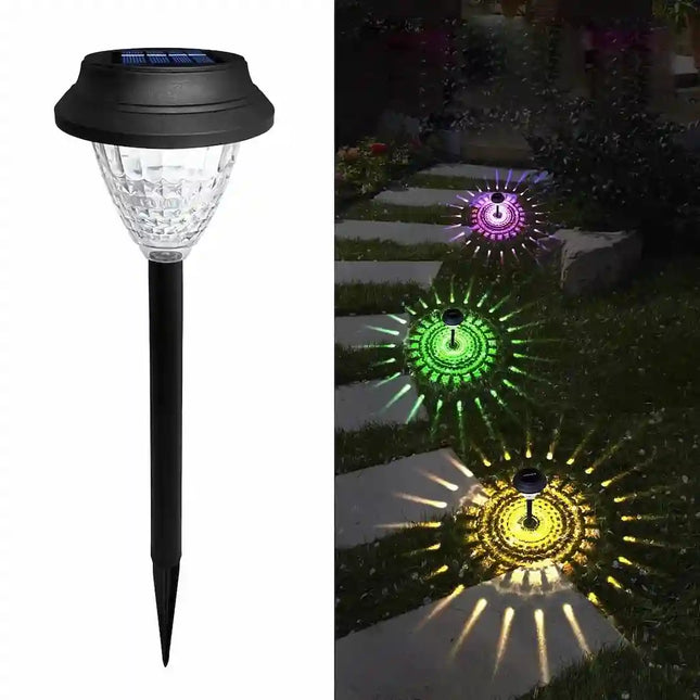 Solar lawn light with RGB lighting for garden pathways.