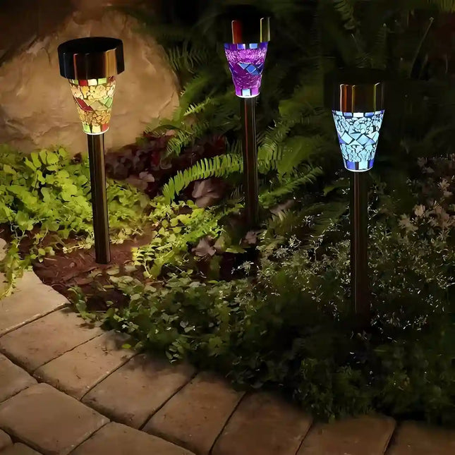 Solar lawn path light for garden and outdoor walkways.