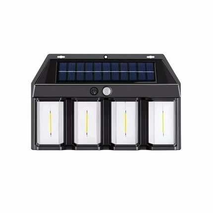 Solar motion sensor wall light with 4 LED lights for outdoor use.