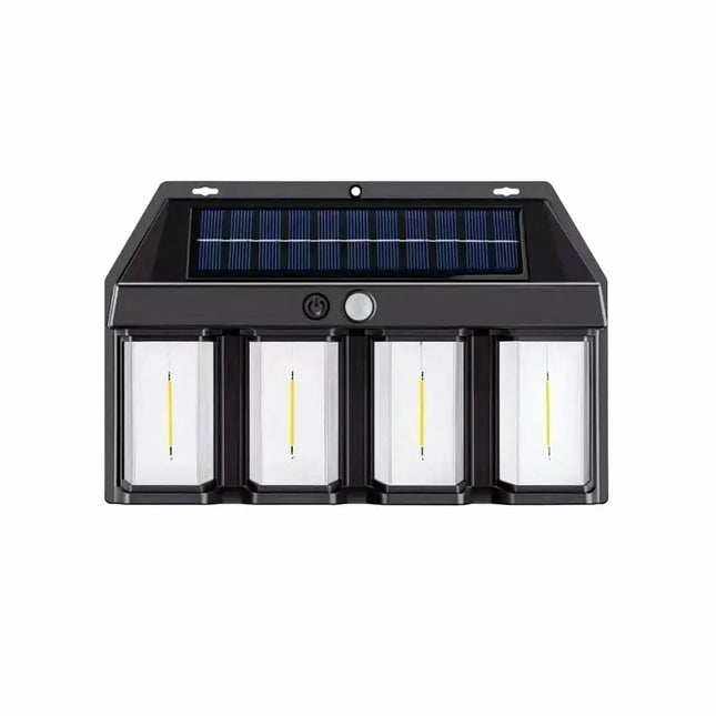 Solar motion sensor wall light with 4 LED lights for outdoor use.