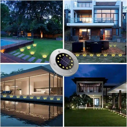 Waterproof solar pathway disk light for garden and walkway lighting.