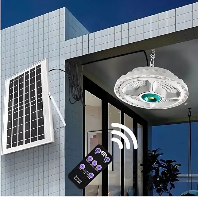 Solar pendant ceiling light with remote control.