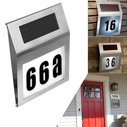Solar powered LED house number light for home.