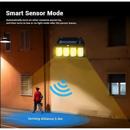 Solar wall light with motion sensor for outdoor areas.