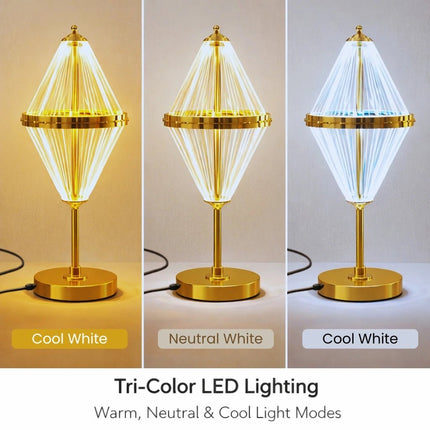 Decorative table lamp with warm white, neutral white and cool white lighting modes.