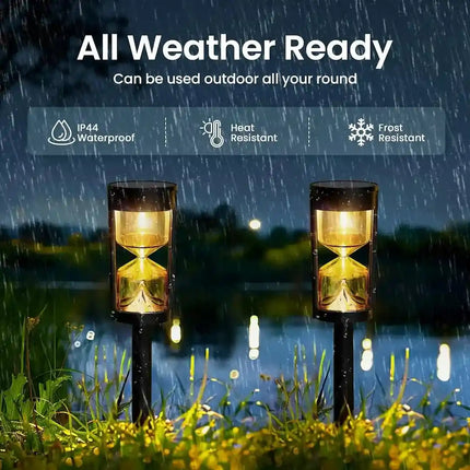 Waterproof solar hourglass path light for outdoor garden and pathway lighting.