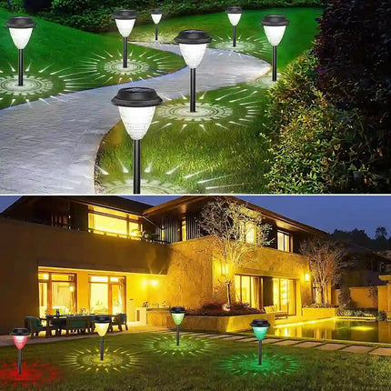 Waterproof solar lawn light with colorful RGB illumination.