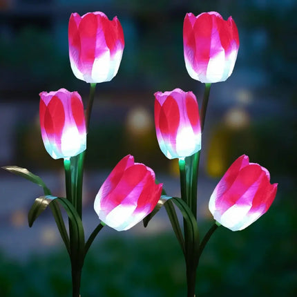 Waterproof solar tulip flower light for outdoor garden and landscape lighting.
